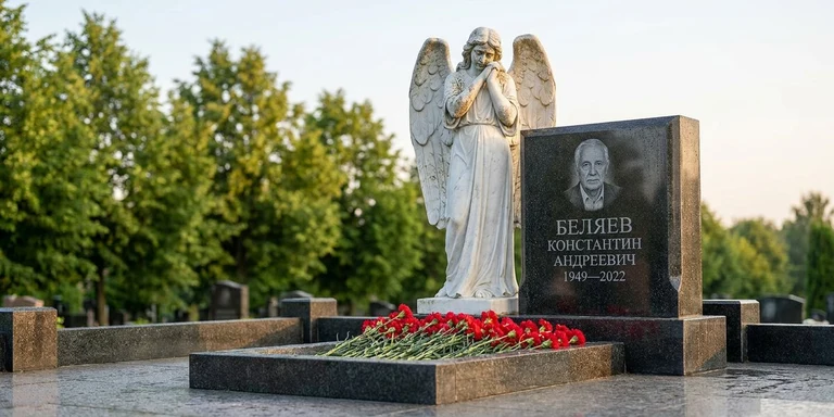 Скульптура на памятник в Норильске — мраморный ангел на гранитном мемориале