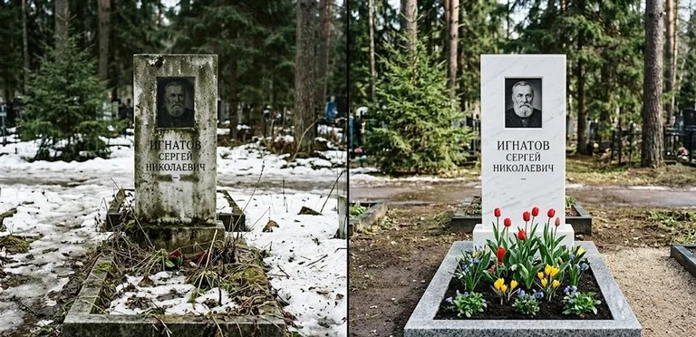 Диптих №6: высадка хризантем у подножия серого гранита — до и после уборки в Норильске