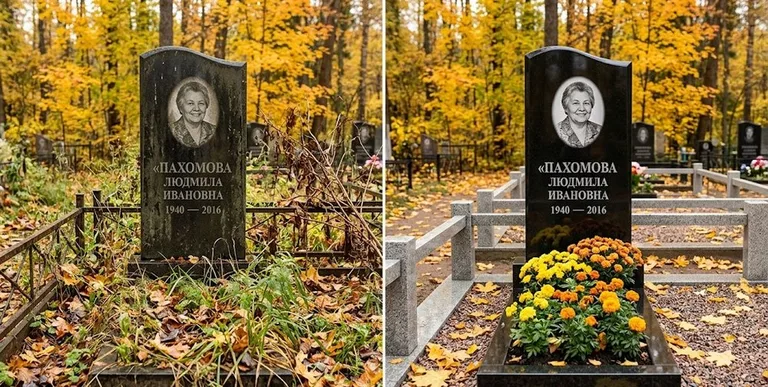 Уборка могилы до и после осенью — клёны в Норильске