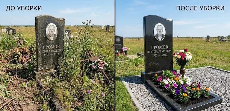 Уборка участка с обелиском до и после в Норильске