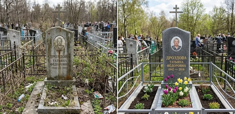 Диптих №4: свежепокрашенная серебром оградка и отмытый красный гранит — до и после в Норильске
