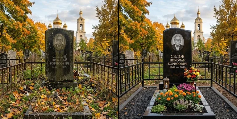 Уборка могилы до и после осенью — у церкви в Норильске