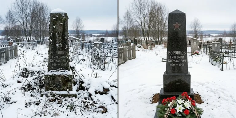 Уборка могилы до и после зимой — воинский обелиск в Норильске