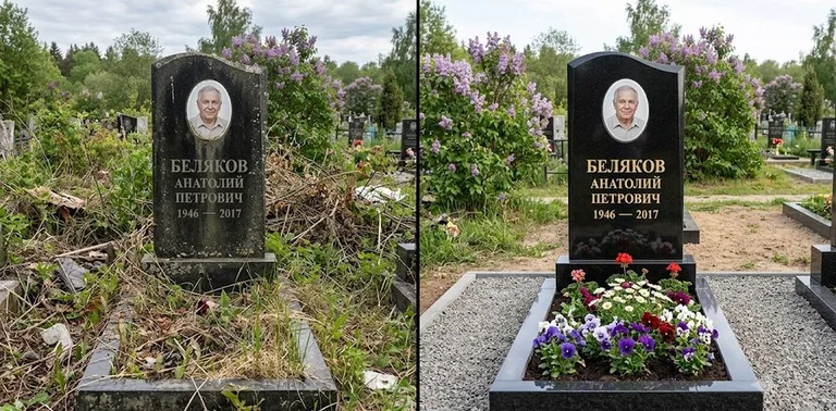 Уборка могилы до и после весной — цветущая сирень в Норильске