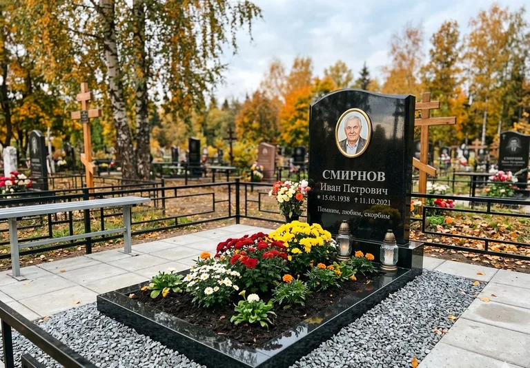 Ухоженная могила после уборки и мойки памятника в Норильске