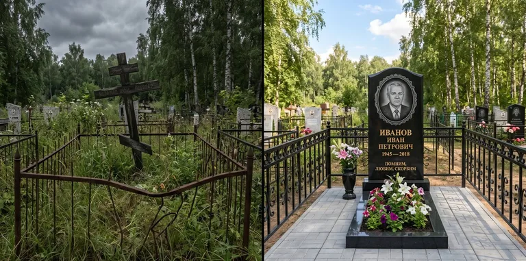 Благоустройство могилы до и после установки памятника в Норильске