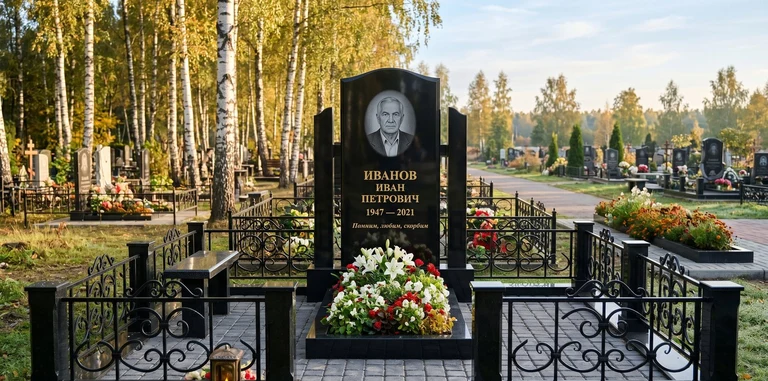 Установка памятника на могилу под ключ в Норильске — гранитный мемориальный комплекс, ограда, плитка, благоустройство
