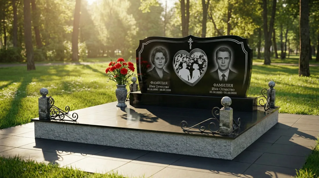 Памятник родителям из чёрного гранита, два портрета, сердце с силуэтами и крестом, кованая ограда Памятник родителям из чёрного гранита, два портрета, сердце с силуэтами и крестом, кованая ограда