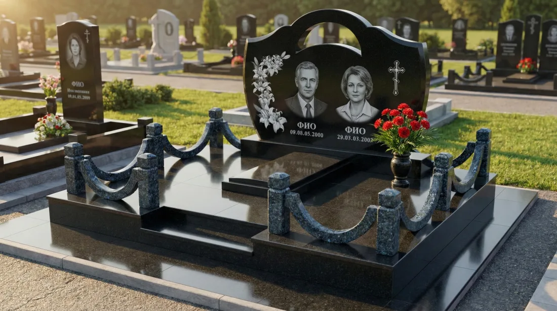 Памятник родителям горизонтальный из красного гранита, два портрета и крест, скамья со столиком Памятник родителям горизонтальный из красного гранита, два портрета и крест, скамья со столиком
