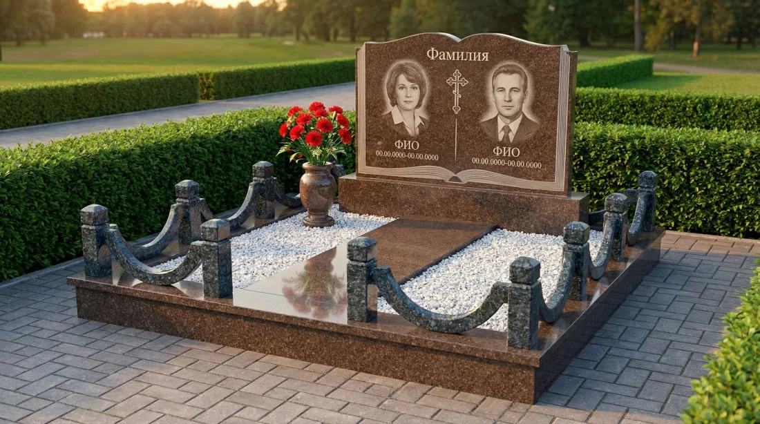 Памятник родителям из коричневого гранита, два портрета по бокам креста, цепная оградка, белая отсыпка Памятник родителям из коричневого гранита, два портрета по бокам креста, цепная оградка, белая отсыпка