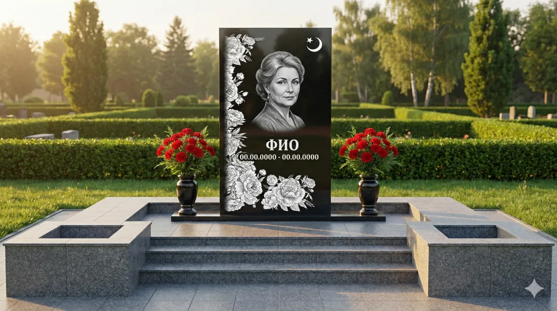 Памятник жене из чёрного гранита с портретом, гравированными розами, полумесяцем со звездой, две вазы красных гвоздик Памятник жене из чёрного гранита с портретом, гравированными розами, полумесяцем со звездой, две вазы красных гвоздик