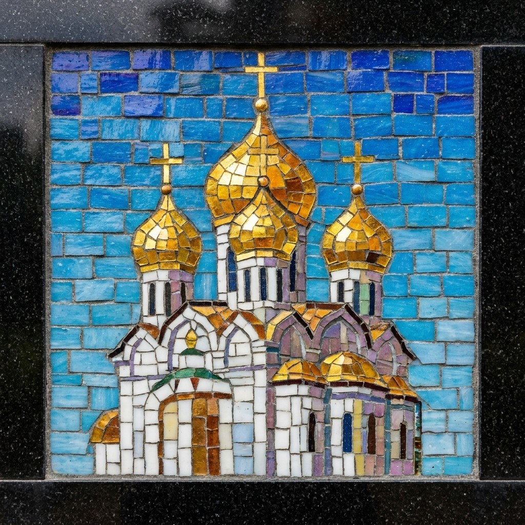 Мозаика на памятник: храм с куполами — силуэт церкви