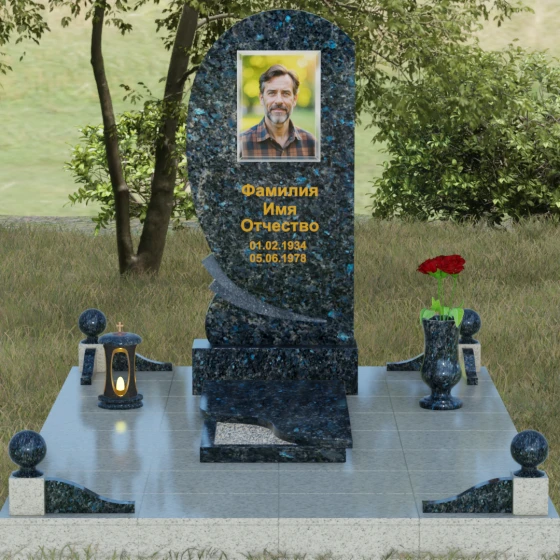 Гранитный памятник «Волна» с изгибом, гранит Блю Перл, вид 2