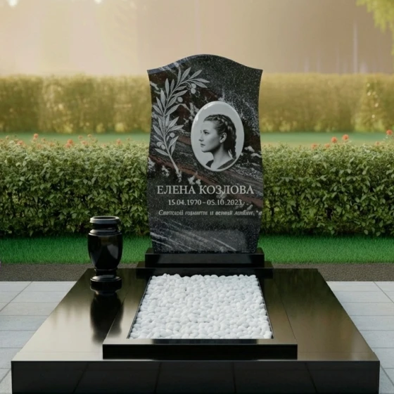 Памятник-волна с гравировкой ветви, гранит амфиболит
