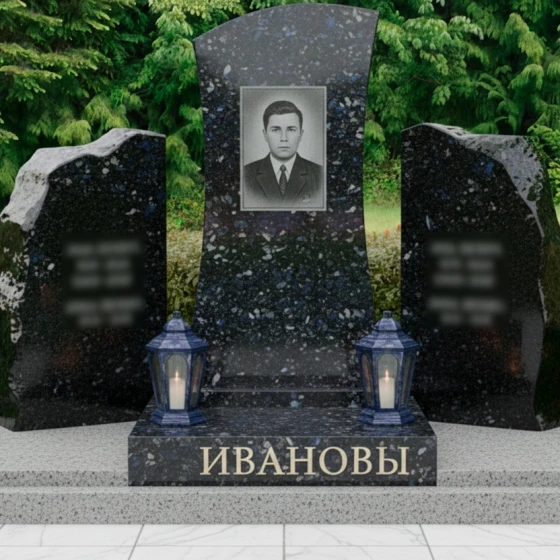 Православный гранитный памятник с крестом и глыбами, гранит Блю Перл
