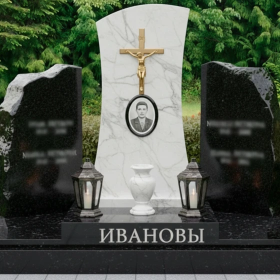 Православный гранитный памятник с крестом и глыбами, мрамор Тассос