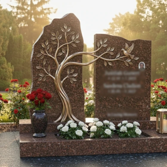 Гранитный памятник с бронзовым древом и голубем, гранит Дымовский