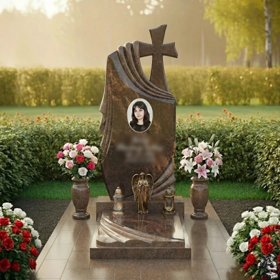Элитный гранитный памятник с драпировкой, гранит Дымовский