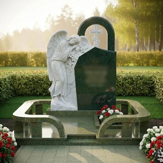 Мемориал с барельефом скорбящего ангела, гранит Балтик грин