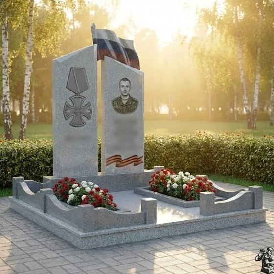 Гранитный монумент с флагом, медалью и лентами, гранит Мансуровский