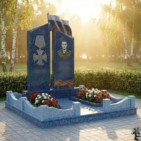 Гранитный монумент с флагом, медалью и лентами, гранит Блю Перл