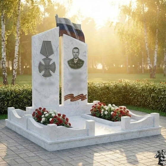 Гранитный монумент с флагом, медалью и лентами, мрамор Тассос