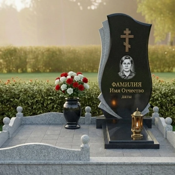 Мемориальный комплекс с изогнутой стелой и крестом, гранит Габбро-диабаз