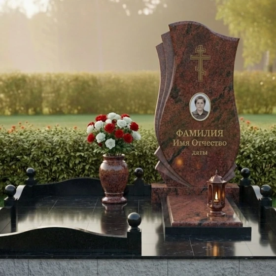 Мемориальный комплекс с изогнутой стелой и крестом, гранит Лезниковский