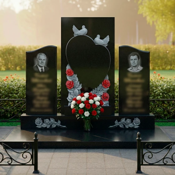 Гранитная мемориальная композиция с сердцем и голубями, гранит Габбро-диабаз