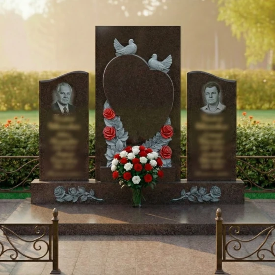 Гранитная мемориальная композиция с сердцем и голубями, гранит Дымовский
