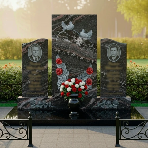 Гранитная мемориальная композиция с сердцем и голубями, гранит амфиболит