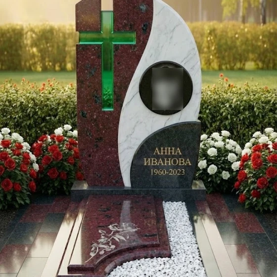 Комбинированный памятник с волной и крестом, гранит амфиболит