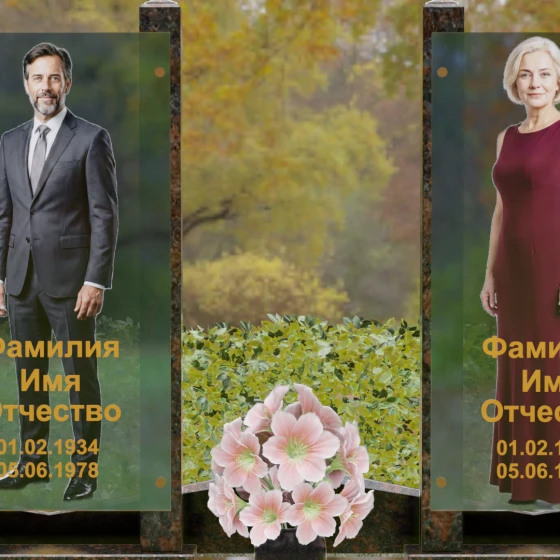 Вертикальный памятник из гранита со стеклянными панелями, гранит Дымовский
