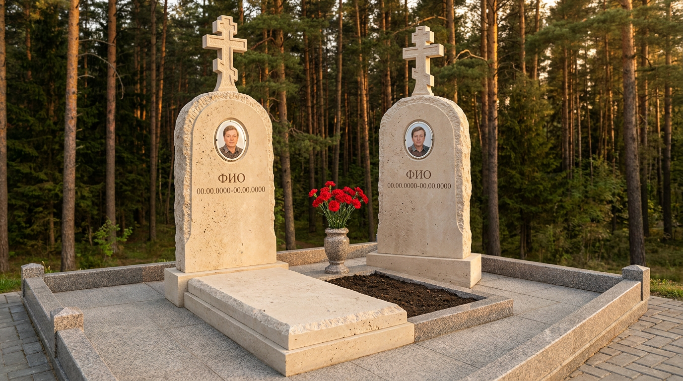 Пример дизайна: Памятник из светлого известняка с арочным верхом с крестом на двоих