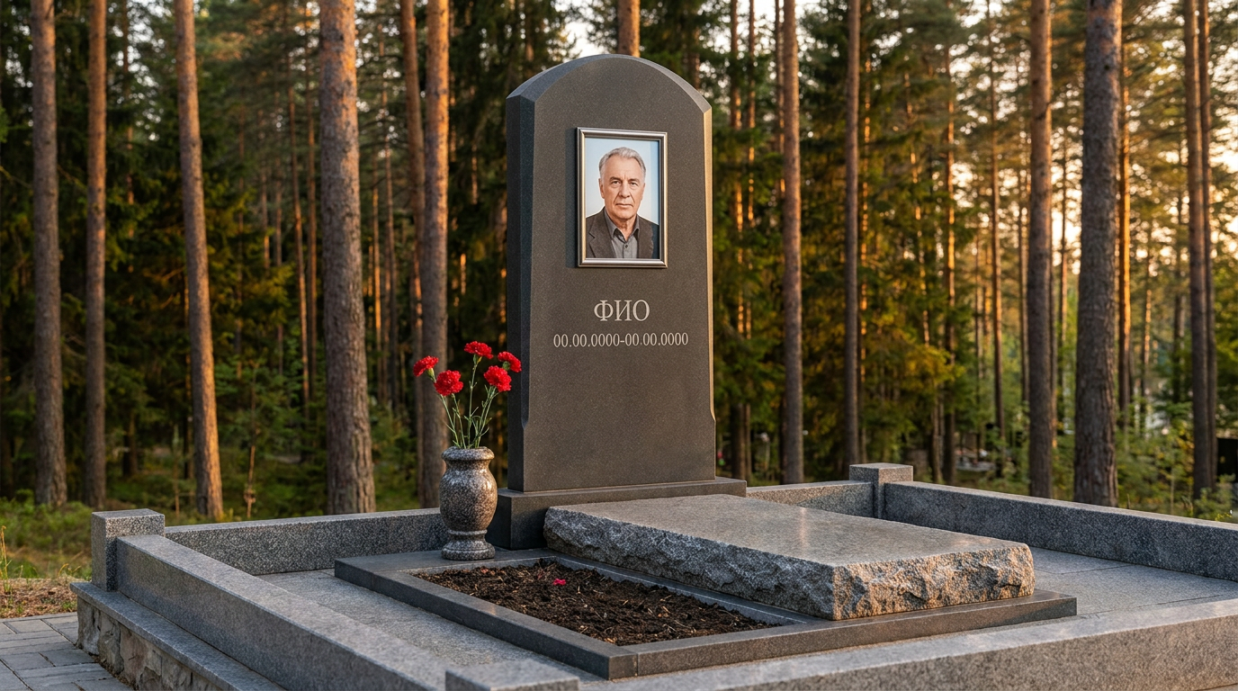 Пример дизайна: Памятник из тёмного базальта с арочным верхом