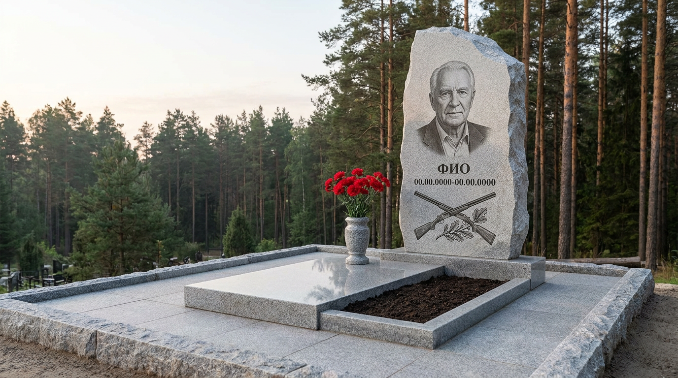 Пример дизайна: Гранитный памятник охотнику с фактурой скалы с охотничьим трофеем