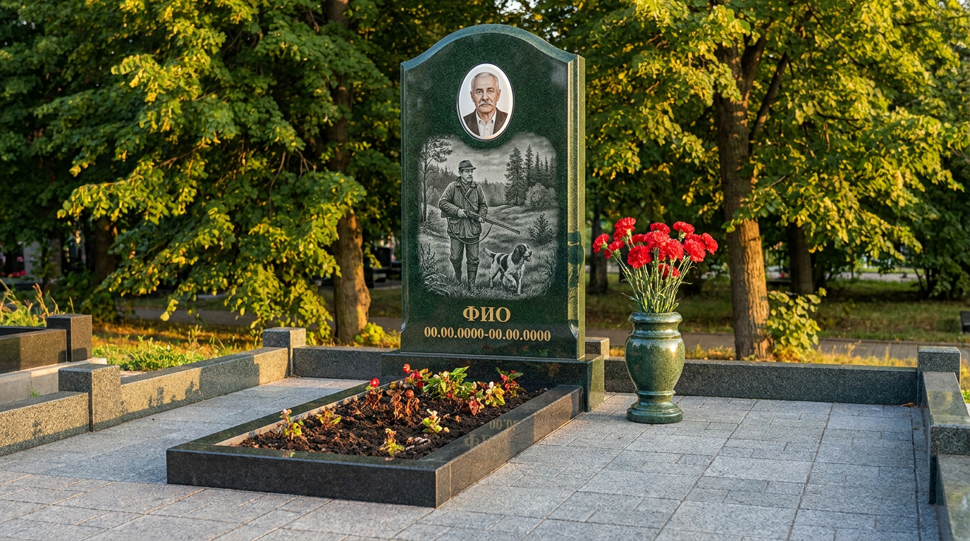 Пример дизайна: Гранитный памятник охотнику с аркой с гончей