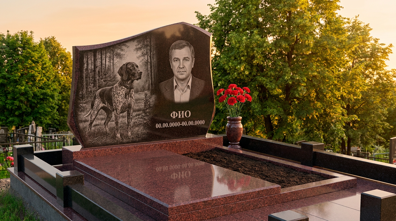 Пример дизайна: Гранитный памятник охотнику с фактурой скалы с гравировкой оленя