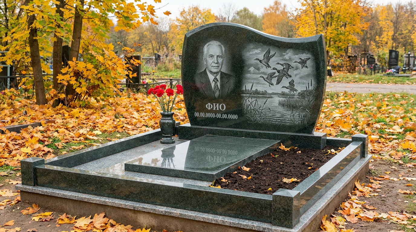 Пример дизайна: Гранитный памятник охотнику с арочным верхом с кабаном