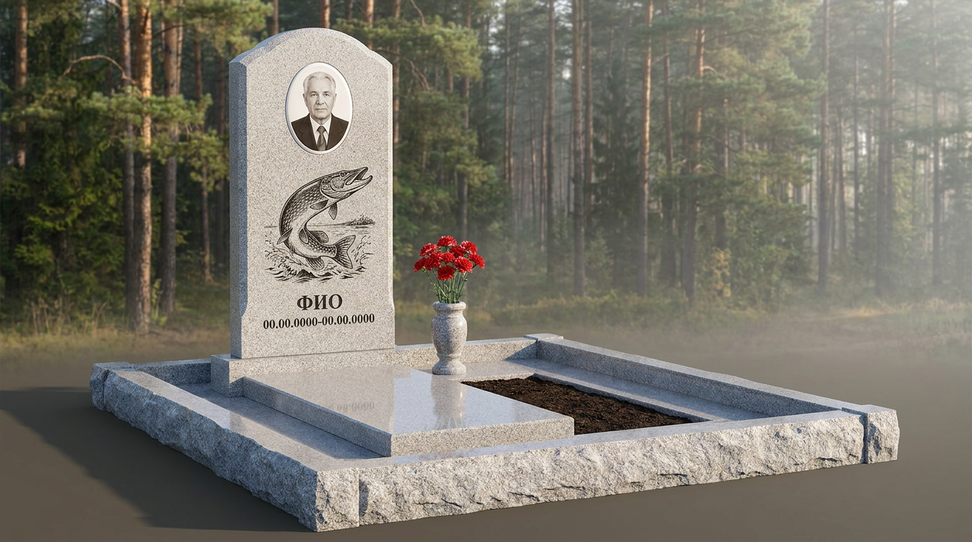 Пример дизайна: Гранитный памятник рыбаку с аркой с гравировкой рыбы