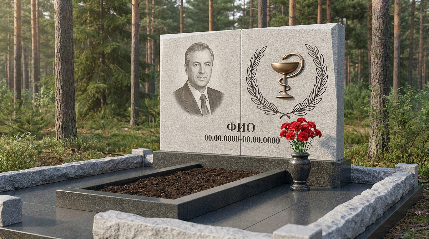 Пример дизайна: Гранитный памятник врачу из цельной глыбы с белым крестом