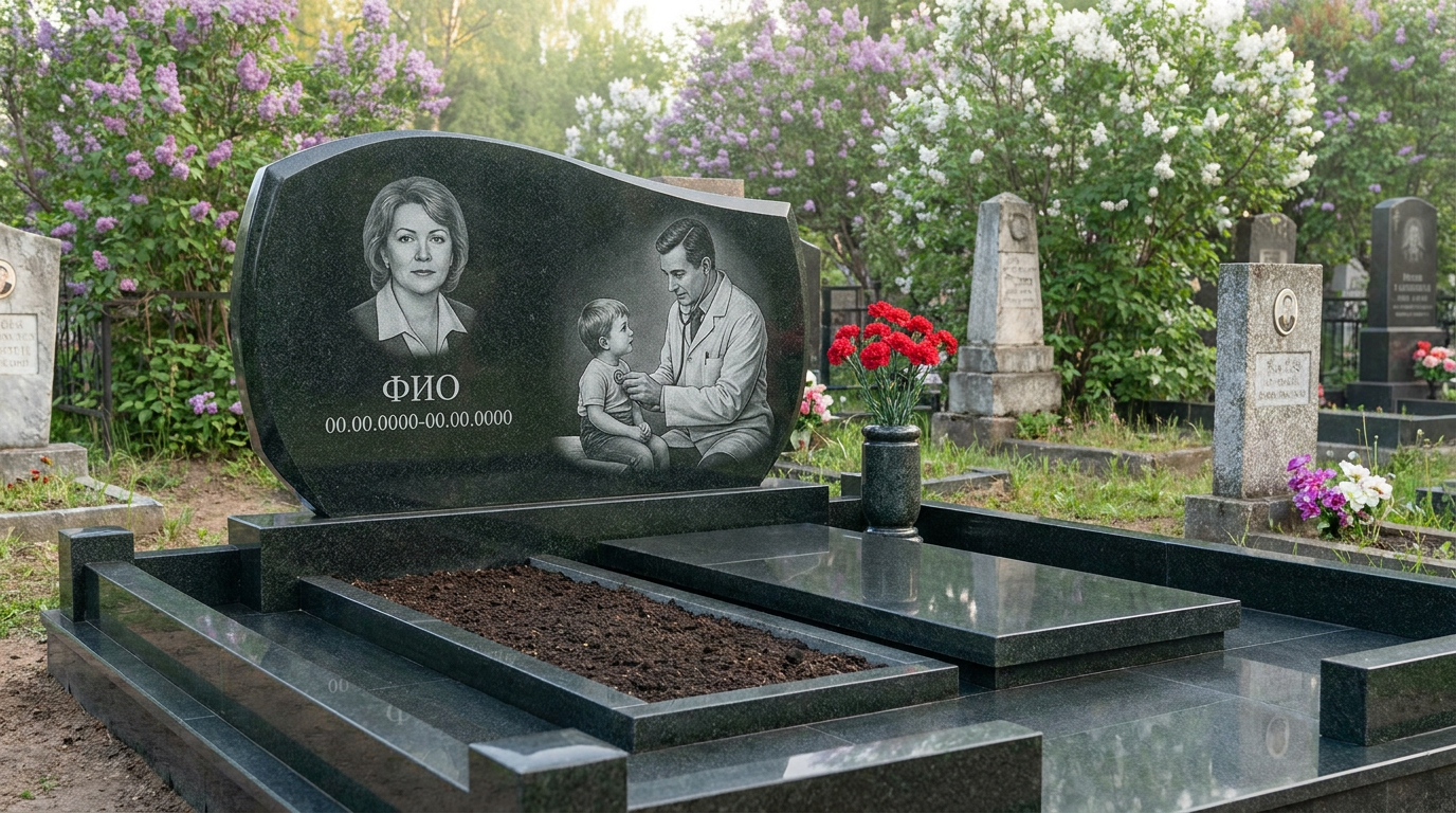 Пример дизайна: Гранитный памятник врачу с медицинской символикой
