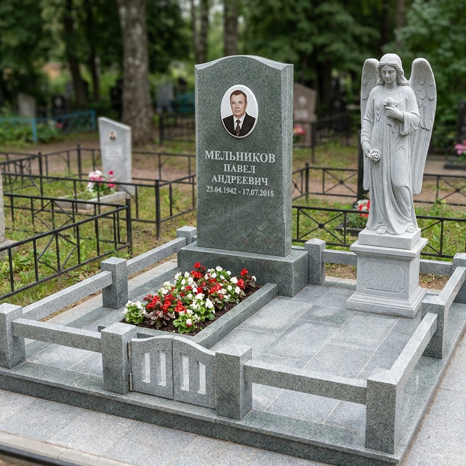 Пример дизайна: Памятник со скульптурой ангела из серо-зелёного гранита — фото и цена