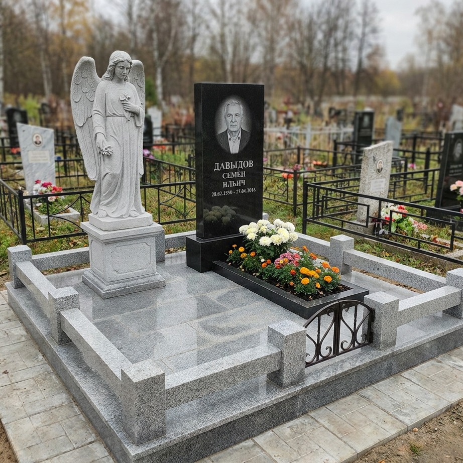 Пример дизайна: Памятник с ангелом из чёрного гранита — фото и цена