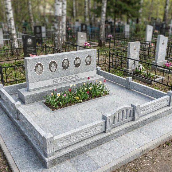 Семейный памятник из серого гранита на пять человек