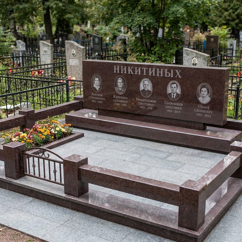 Пример дизайна: Семейный памятник из красного гранита на пять человек — фото и цена