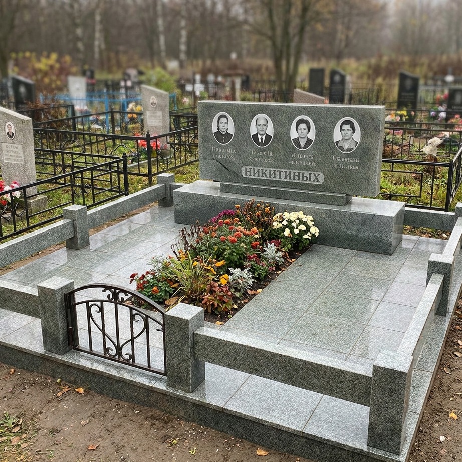 Пример дизайна: Семейный памятник на четверых из серо-зеленого гранита — фото и цена