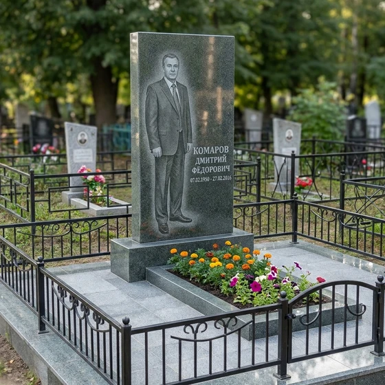 Памятник из серо-зелёного гранита с гравировкой в полный рост