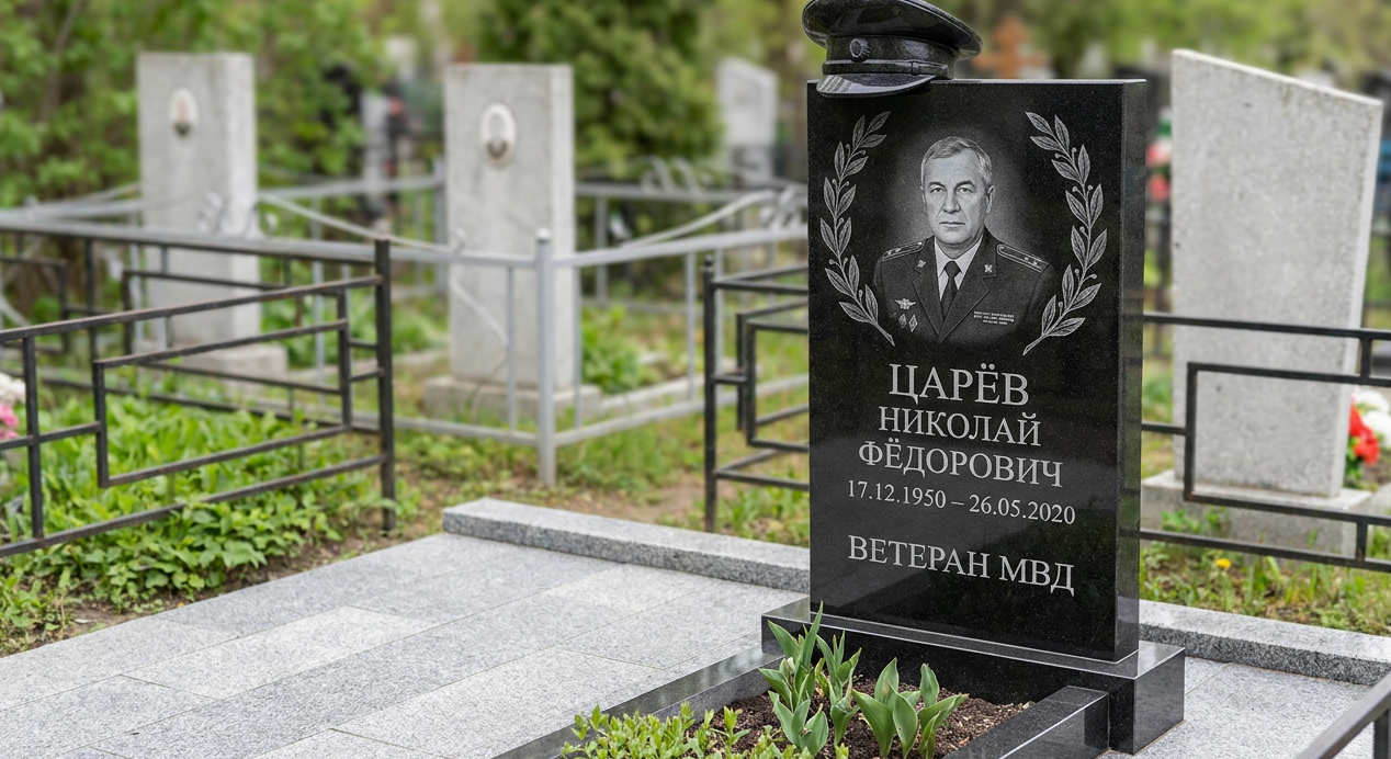 Пример дизайна: Памятник ветерану МВД с резной фуражкой