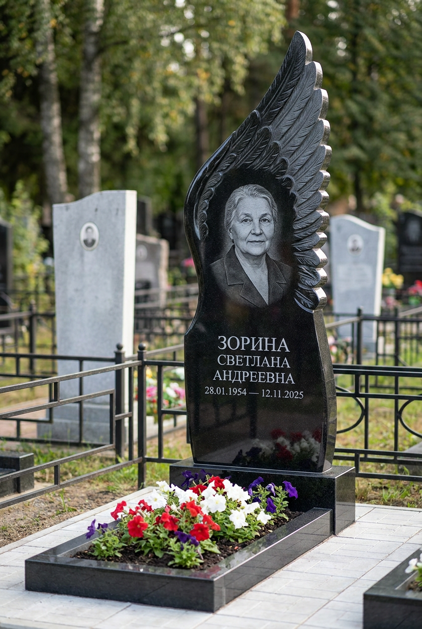 Пример дизайна: Памятник с обнимающим крылом ангела из черного габбро-диабаза